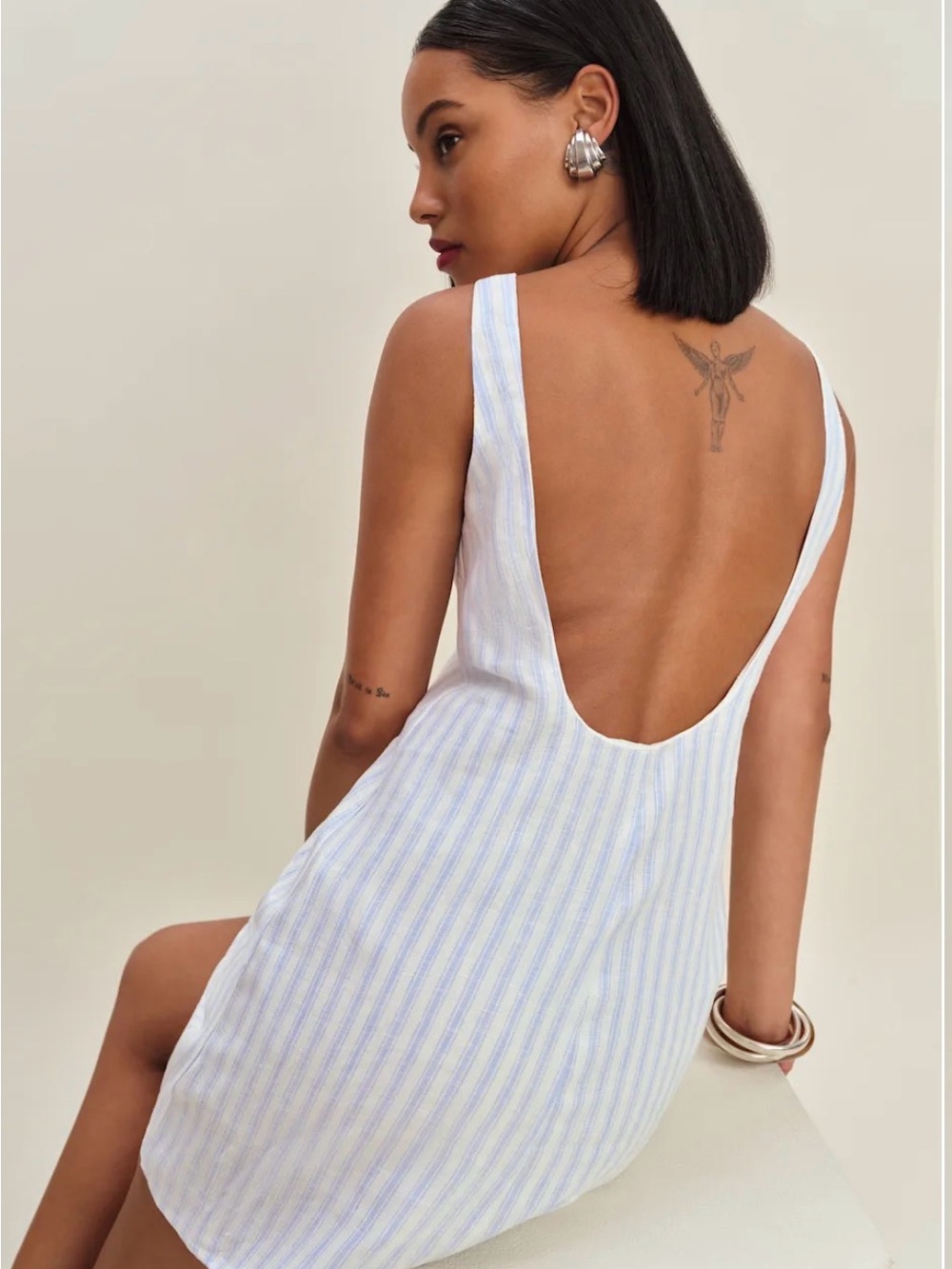 Reformation Blue & White Vertical-Stripe Scoop-Back Mini Dress